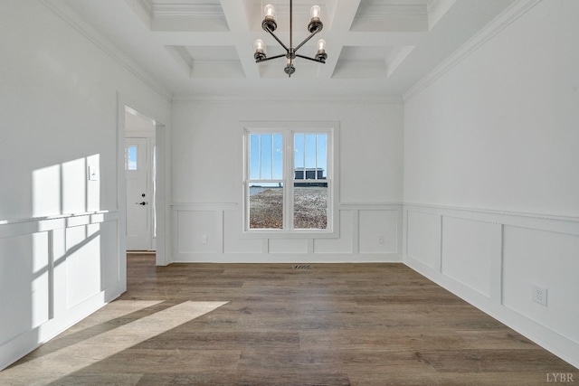 1197 Elk Creek Rd, Forest, VA 24551 - unfurnished dining area featuring a chandelier, coffered ceiling, beam ceiling, wainscoting, and crown molding