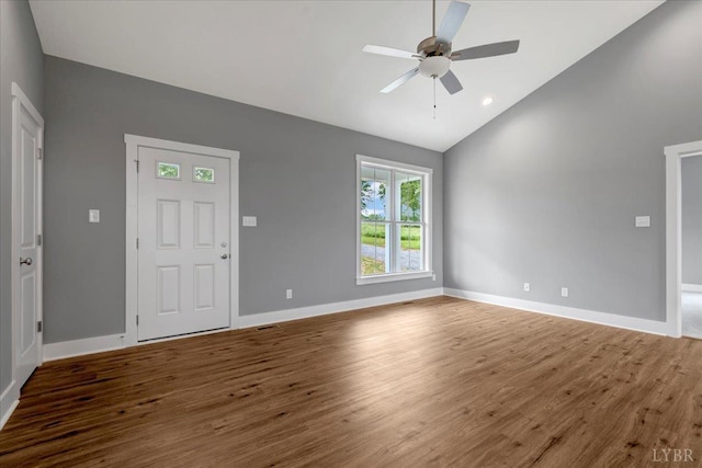 8638 Hat Creek Rd, Brookneal, VA 24528 - entrance foyer featuring lofted ceiling, wood finished floors, and a ceiling fan