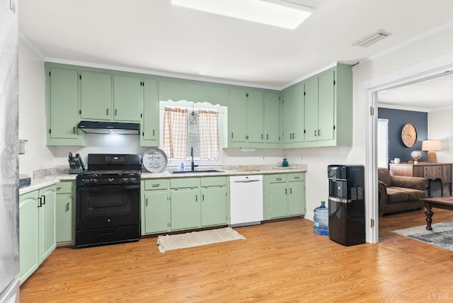 278 Tallyho, Concord, VA 24538 - kitchen featuring white dishwasher, black range with gas stovetop, a sink, under cabinet range hood, and light wood-type flooring