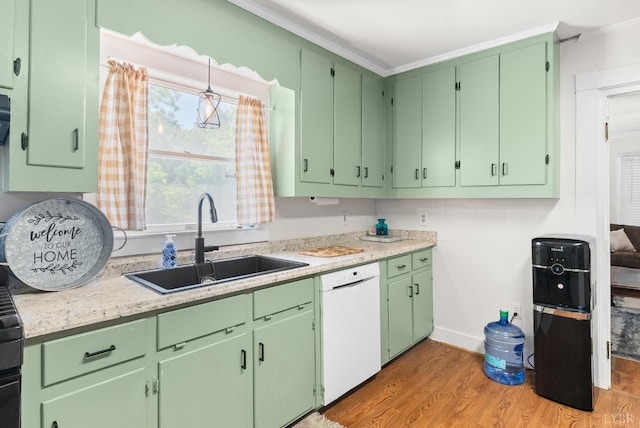 278 Tallyho, Concord, VA 24538 - kitchen with white dishwasher, a sink, light wood-style flooring, light countertops, and ornamental molding