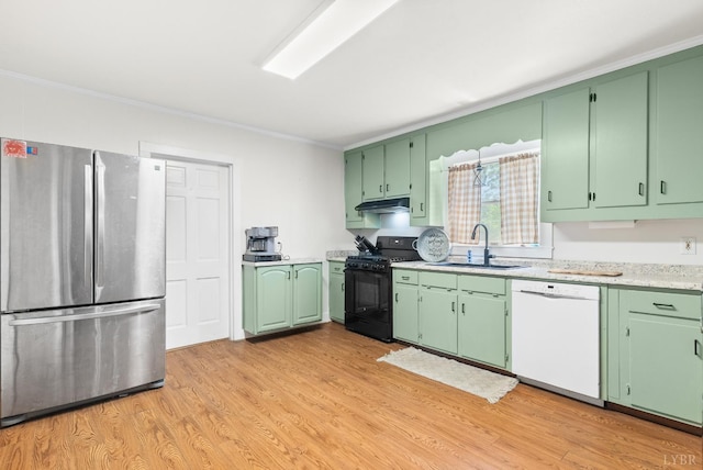 278 Tallyho, Concord, VA 24538 - kitchen with freestanding refrigerator, white dishwasher, black range with gas stovetop, under cabinet range hood, and a sink