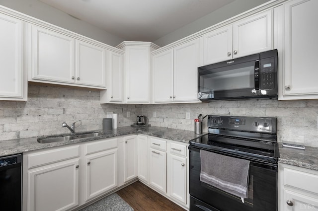 321 Meridian St, Lynchburg, VA 24502 - kitchen with black appliances, a sink, decorative backsplash, and white cabinetry