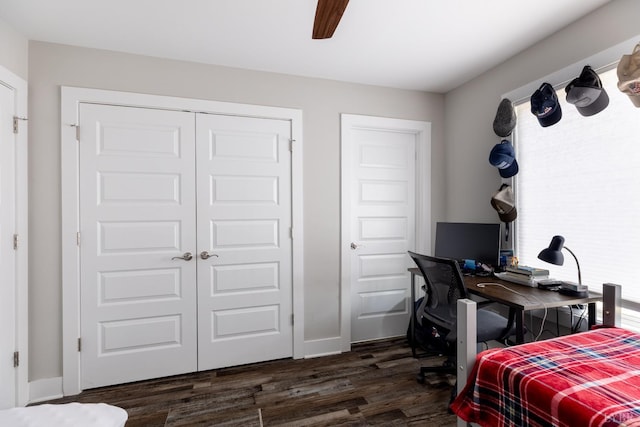 64 Allwell Rd, Lynchburg, VA 24502 - bedroom featuring dark wood-type flooring, a closet, a ceiling fan, baseboards, and an office area