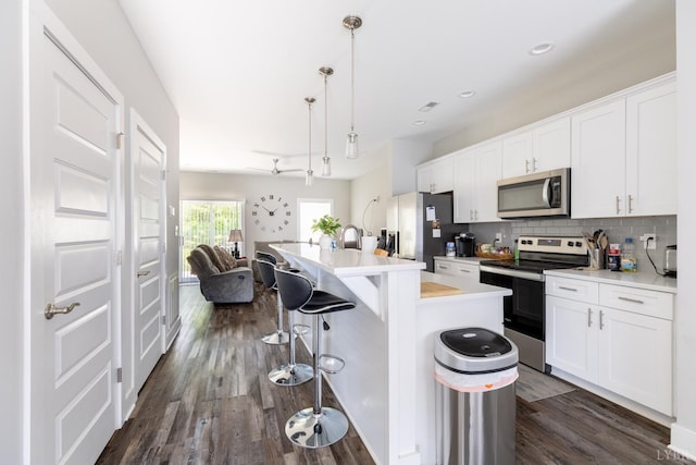 64 Allwell Rd, Lynchburg, VA 24502 - kitchen featuring appliances with stainless steel finishes, tasteful backsplash, dark wood-style floors, a breakfast bar, and white cabinets