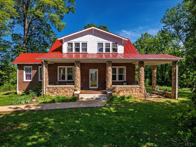 264 N Five Forks Rd, Amherst, VA 24521 - view of front facade with a front lawn, a porch, metal roof, brick siding, and a standing seam roof