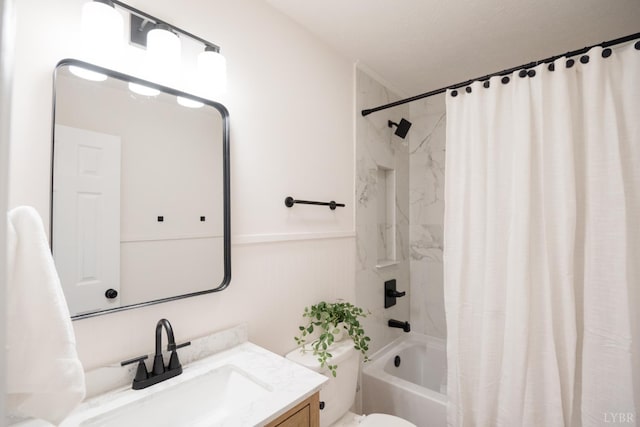 3501 Fort Ave Unit 27, Lynchburg, VA 24501 - bathroom featuring vanity, shower / bath combo, toilet, and a wainscoted wall