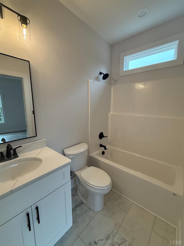 451 Dearborn Rd, Evington, VA 24550 - bathroom with vanity, toilet, bathtub / shower combination, and marble look tile flooring