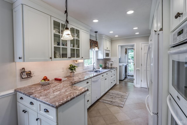 1146 Audubon Dr, Lynchburg, VA 24503 - kitchen featuring white appliances, a sink, white cabinets, tasteful backsplash, and recessed lighting