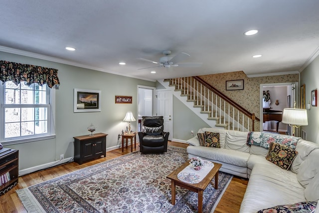 1146 Audubon Dr, Lynchburg, VA 24503 - living room with crown molding, stairs, a ceiling fan, wood finished floors, and baseboards