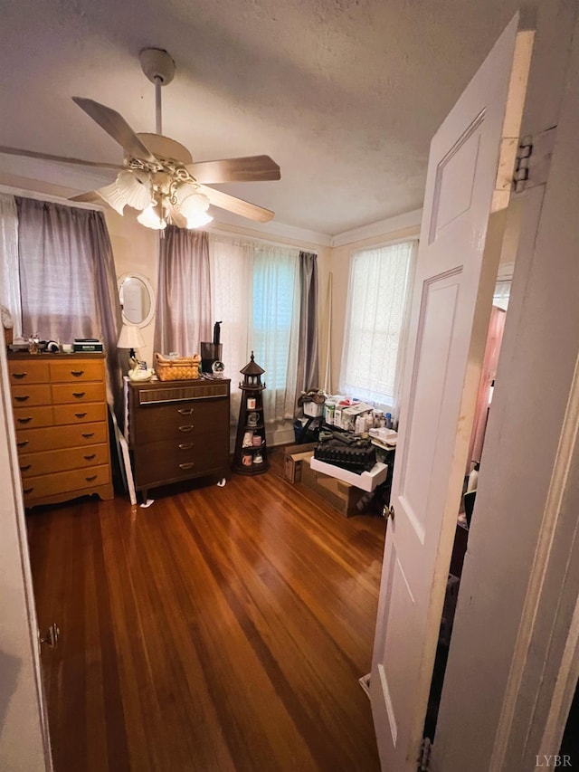 901 Bedford Ave, Altavista, VA 24517 - bedroom with dark wood-style floors, a textured ceiling, and a ceiling fan