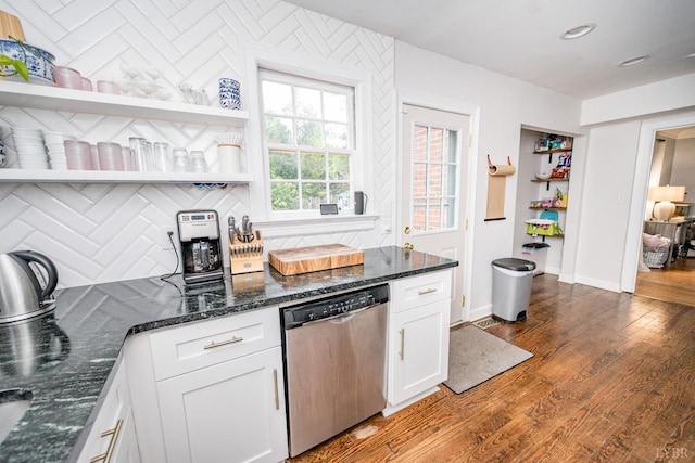 213 Kensington Ave, Lynchburg, VA 24503 - kitchen with dishwasher, open shelves, white cabinets, and wood finished floors