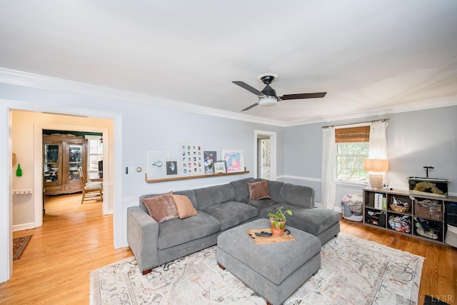 213 Kensington Ave, Lynchburg, VA 24503 - living area with ornamental molding, a ceiling fan, and light wood-style floors