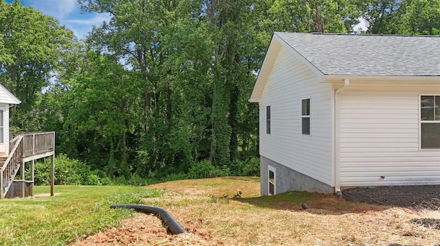 1040 Coronado Ln, Lynchburg, VA 24502 - view of property exterior featuring roof with shingles, a yard, stairs, and a deck