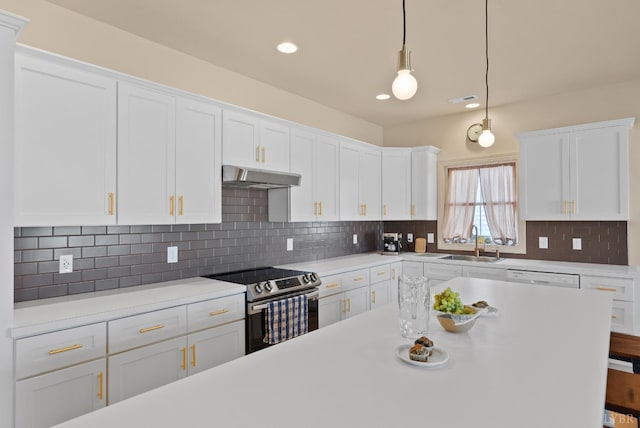 1268 Stoney Ridge Blvd, Forest, VA 24551 - kitchen with stainless steel electric range, under cabinet range hood, a sink, white cabinetry, and light countertops