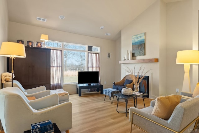 1268 Stoney Ridge Blvd, Forest, VA 24551 - living room with light wood-type flooring, vaulted ceiling, and a fireplace