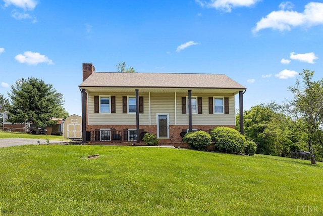 115 Mattiponi Dr, Madison Heights, VA 24572 - split foyer home with a porch, a chimney, brick siding, and a front yard