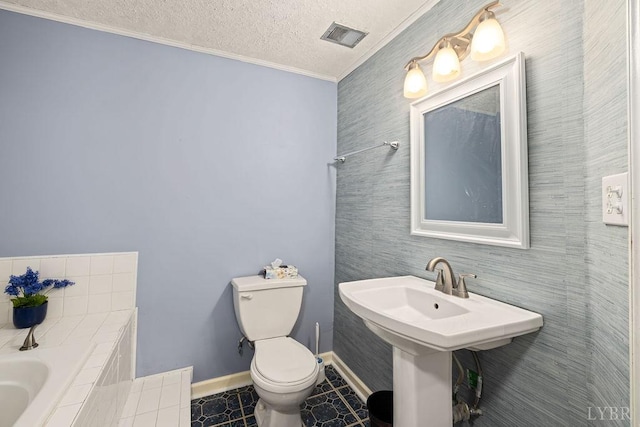 115 Mattiponi Dr, Madison Heights, VA 24572 - bathroom with a garden tub, crown molding, a textured ceiling, toilet, and tile patterned floors