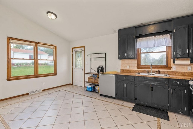 115 Mattiponi Dr, Madison Heights, VA 24572 - kitchen featuring dishwasher, a sink, dark cabinets, and lofted ceiling