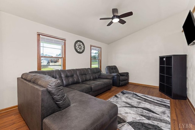 115 Mattiponi Dr, Madison Heights, VA 24572 - living area featuring lofted ceiling, healthy amount of natural light, a ceiling fan, wood finished floors, and baseboards