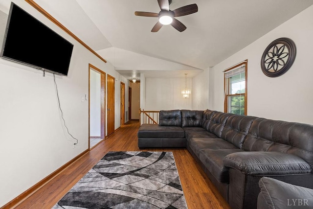 115 Mattiponi Dr, Madison Heights, VA 24572 - living room with wood finished floors, lofted ceiling, ceiling fan, and a chandelier