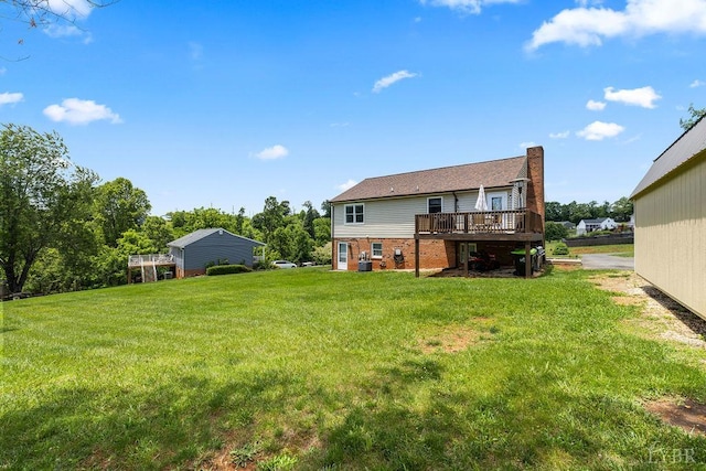 115 Mattiponi Dr, Madison Heights, VA 24572 - rear view of property with a lawn, a wooden deck, brick siding, and a chimney
