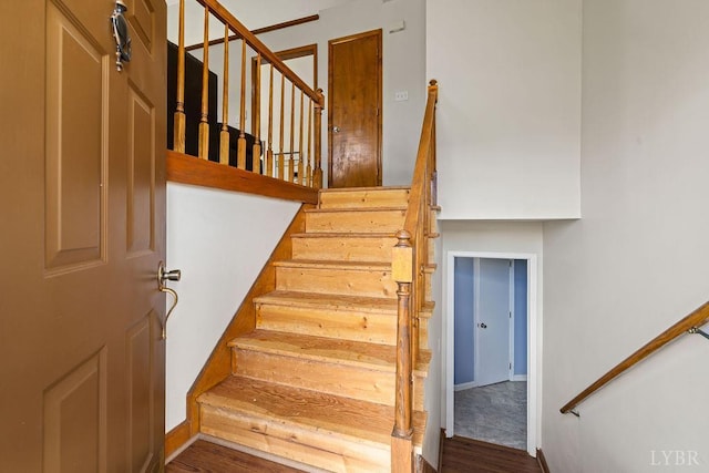115 Mattiponi Dr, Madison Heights, VA 24572 - stairs featuring baseboards, wood finished floors, and a high ceiling