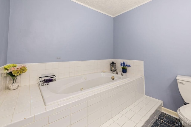 115 Mattiponi Dr, Madison Heights, VA 24572 - bathroom featuring toilet, a jetted tub, ornamental molding, tile patterned flooring, and a textured ceiling