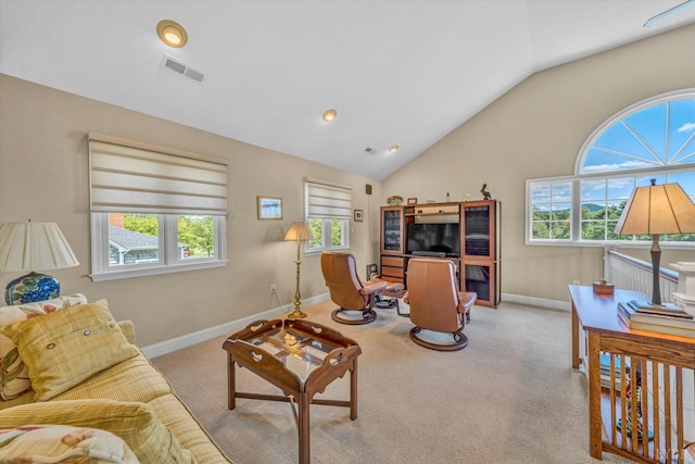 145 Golfers Crossing Dr, Penhook, VA 24137 - living area with plenty of natural light, lofted ceiling, light carpet, baseboards, and recessed lighting