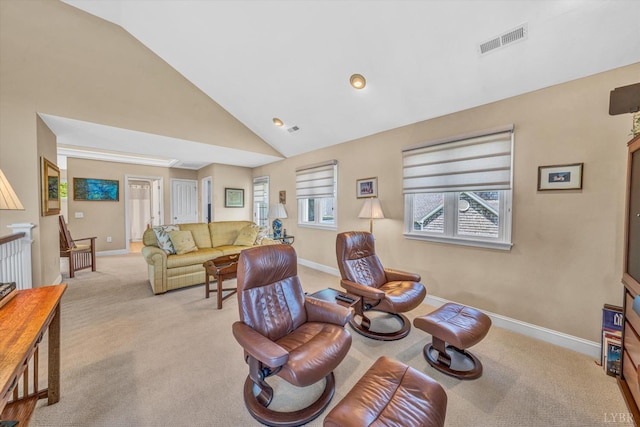 145 Golfers Crossing Dr, Penhook, VA 24137 - living area featuring carpet flooring, baseboards, and high vaulted ceiling