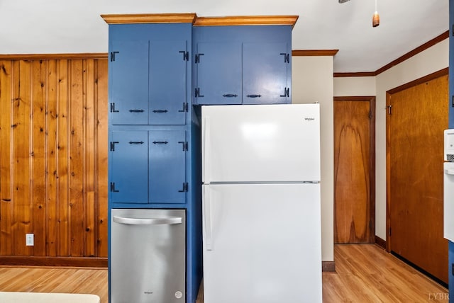 147 Maple Dr, Madison Heights, VA 24572 - kitchen with freestanding refrigerator, light wood-type flooring, blue cabinetry, crown molding, and stainless steel dishwasher