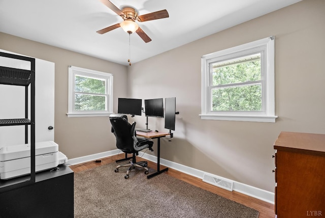 147 Maple Dr, Madison Heights, VA 24572 - home office with ceiling fan, wood finished floors, and baseboards