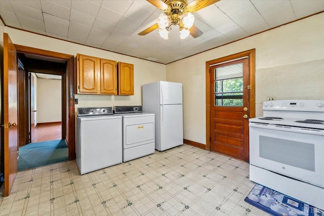 1104 Amherst Ave, Altavista, VA 24517 - kitchen with white appliances, washer and dryer, light floors, ceiling fan, and baseboards