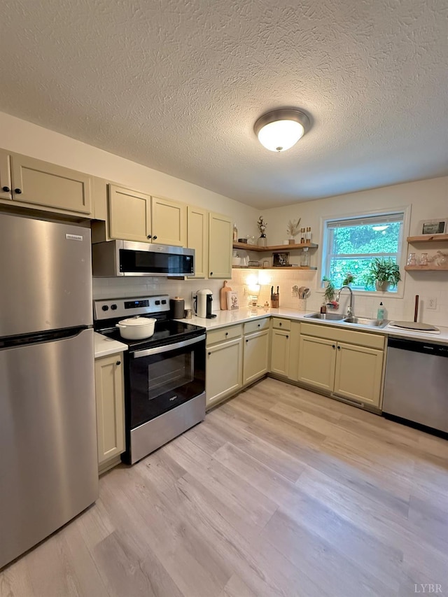 136 Jubilee Dr, Lynchburg, VA 24501 - kitchen featuring stainless steel appliances, open shelves, a sink, light countertops, and light wood-type flooring