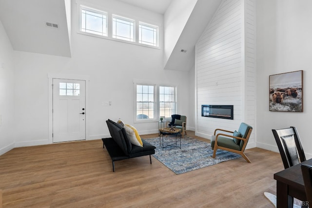 179 Meadow Brook Cir, Danville, VA 24541 - living room with a towering ceiling, plenty of natural light, light wood finished floors, and a large fireplace