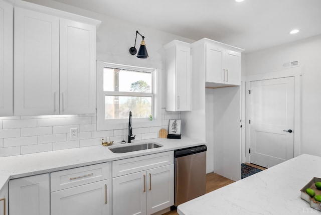 179 Meadow Brook Cir, Danville, VA 24541 - kitchen featuring stainless steel dishwasher, a sink, tasteful backsplash, white cabinetry, and recessed lighting