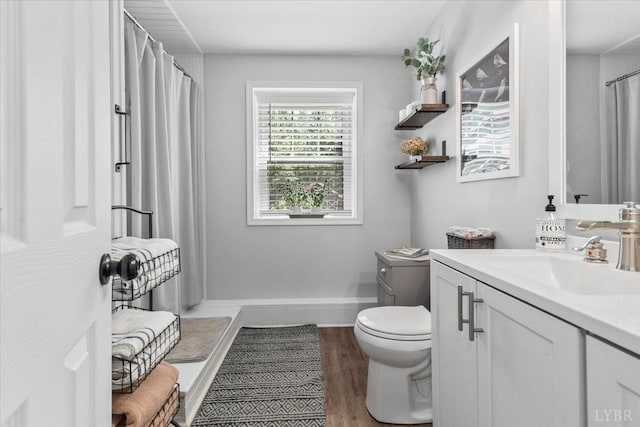 261 Carrington Ln, Roseland, VA 22967 - full bath with vanity, toilet, wood finished floors, baseboards, and a shower with curtain