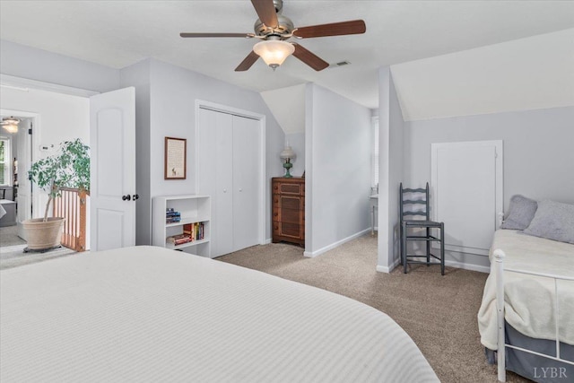 261 Carrington Ln, Roseland, VA 22967 - carpeted bedroom with a closet, ceiling fan, access to outside, baseboards, and vaulted ceiling
