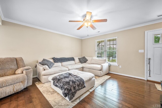 62 Squire Cir, Lynchburg, VA 24501 - living room with dark wood-type flooring, a ceiling fan, crown molding, and baseboards