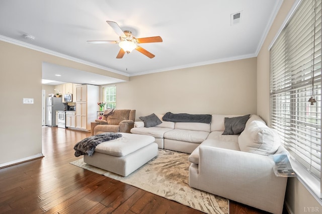 62 Squire Cir, Lynchburg, VA 24501 - living room with ceiling fan, hardwood / wood-style floors, crown molding, and baseboards