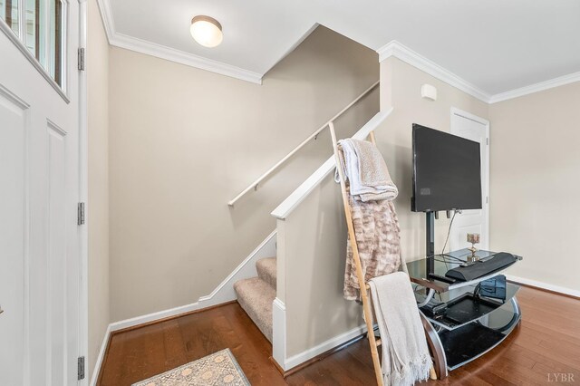 62 Squire Cir, Lynchburg, VA 24501 - stairs featuring ornamental molding, wood finished floors, and baseboards
