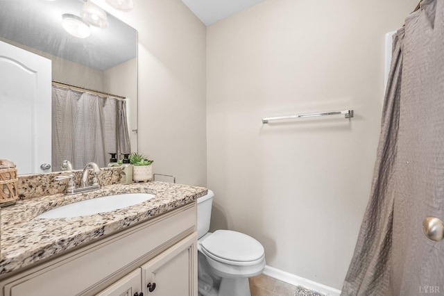62 Squire Cir, Lynchburg, VA 24501 - bathroom with vanity, toilet, tile patterned flooring, a shower with shower curtain, and baseboards