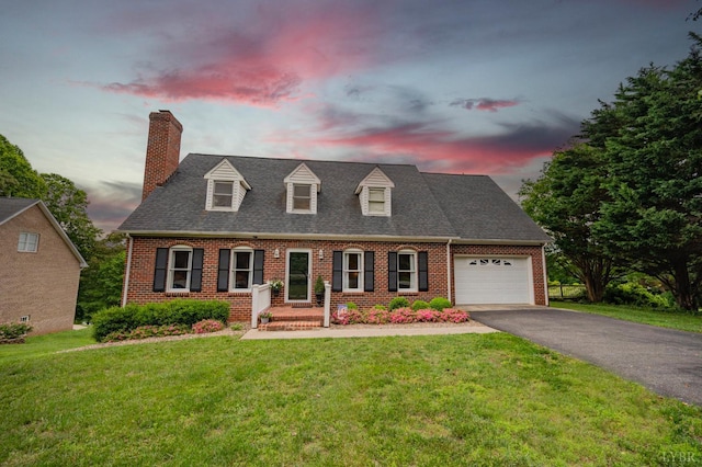 220 Swan Ln, Forest, VA 24551 - cape cod-style house with driveway, brick siding, a garage, a chimney, and a front lawn