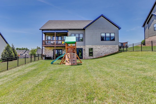1151 Jefferson Meadows Dr, Forest, VA 24551 - back of house featuring a playground, brick siding, and a shingled roof
