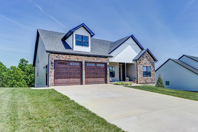 1151 Jefferson Meadows Dr, Forest, VA 24551 - craftsman house with stone siding, concrete driveway, a front yard, and roof with shingles
