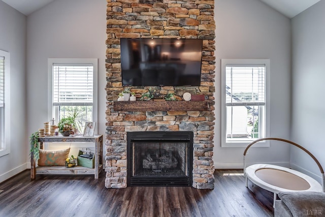 1151 Jefferson Meadows Dr, Forest, VA 24551 - living room featuring lofted ceiling, wood finished floors, a stone fireplace, and baseboards