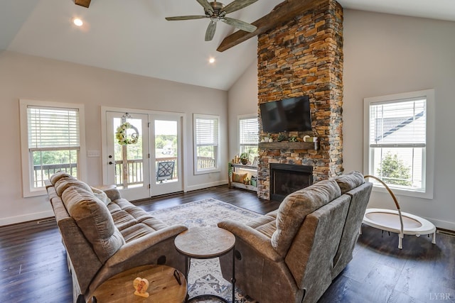 1151 Jefferson Meadows Dr, Forest, VA 24551 - living room with baseboards, high vaulted ceiling, dark wood-style floors, a stone fireplace, and recessed lighting