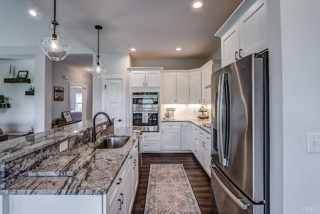 1151 Jefferson Meadows Dr, Forest, VA 24551 - kitchen featuring stainless steel appliances, a sink, dark wood-type flooring, white cabinetry, and recessed lighting