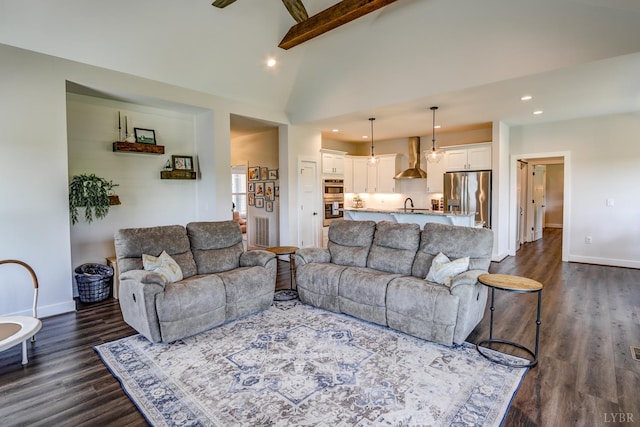 1151 Jefferson Meadows Dr, Forest, VA 24551 - living room featuring dark wood-style flooring, baseboards, recessed lighting, beamed ceiling, and high vaulted ceiling