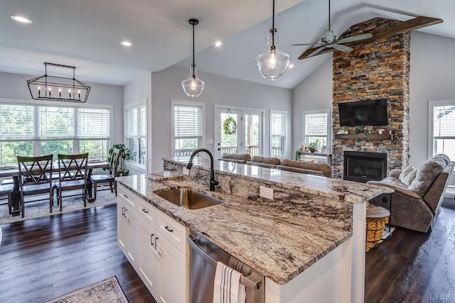 1151 Jefferson Meadows Dr, Forest, VA 24551 - kitchen with stainless steel dishwasher, a sink, open floor plan, plenty of natural light, and lofted ceiling