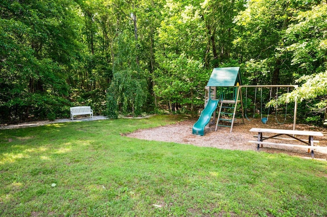 9790 Bear Creek Rd, Gladys, VA 24554 - view of jungle gym with a lawn and a forest view